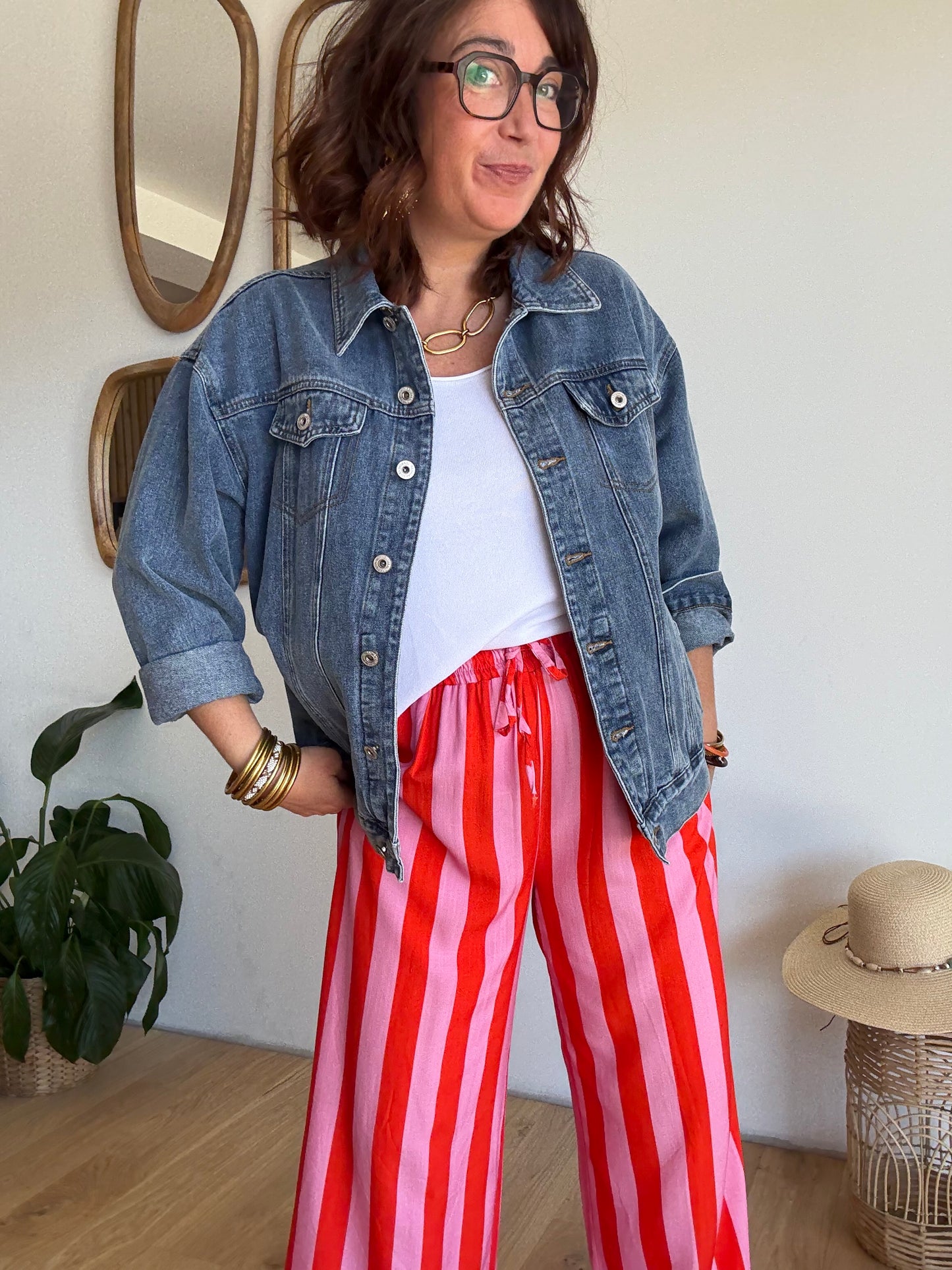 Pantalon fluide rayé orange et rose