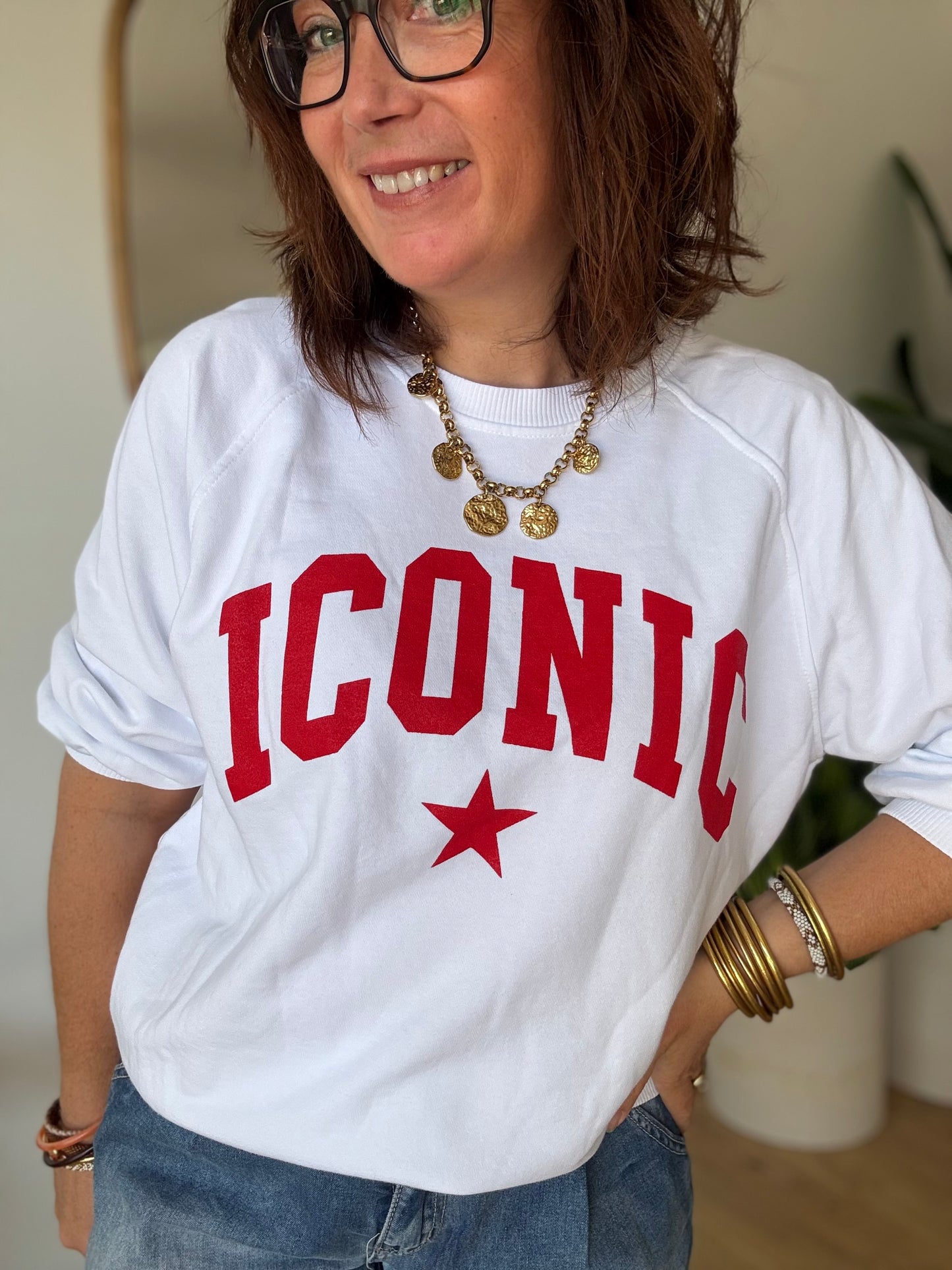 Sweat Iconic blanc et rouge manches 3/4
