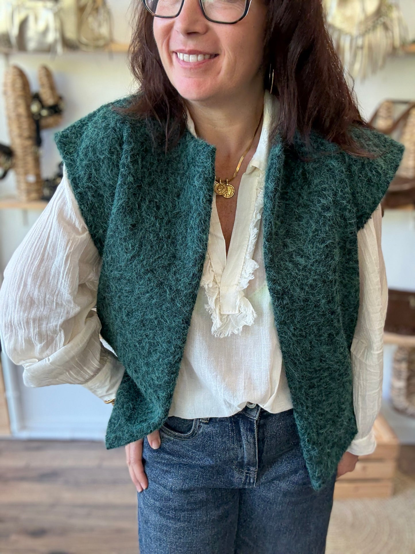 Veste sans manches effet laine bouillie vert sapin