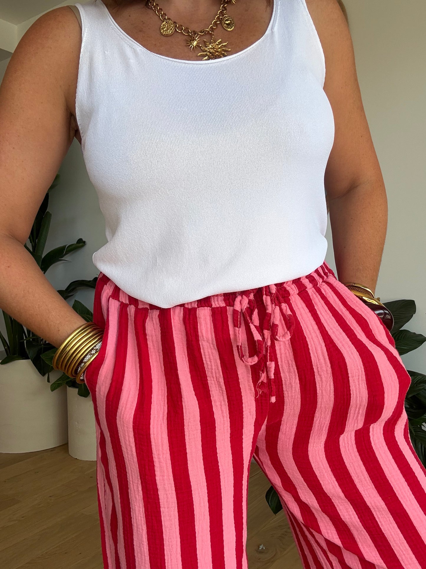 Pantalon rayé en gaze de coton rose &rouge