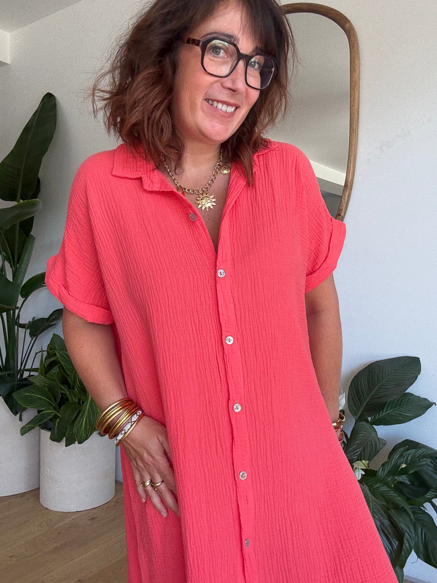 Robe chemise en gaze de coton corail