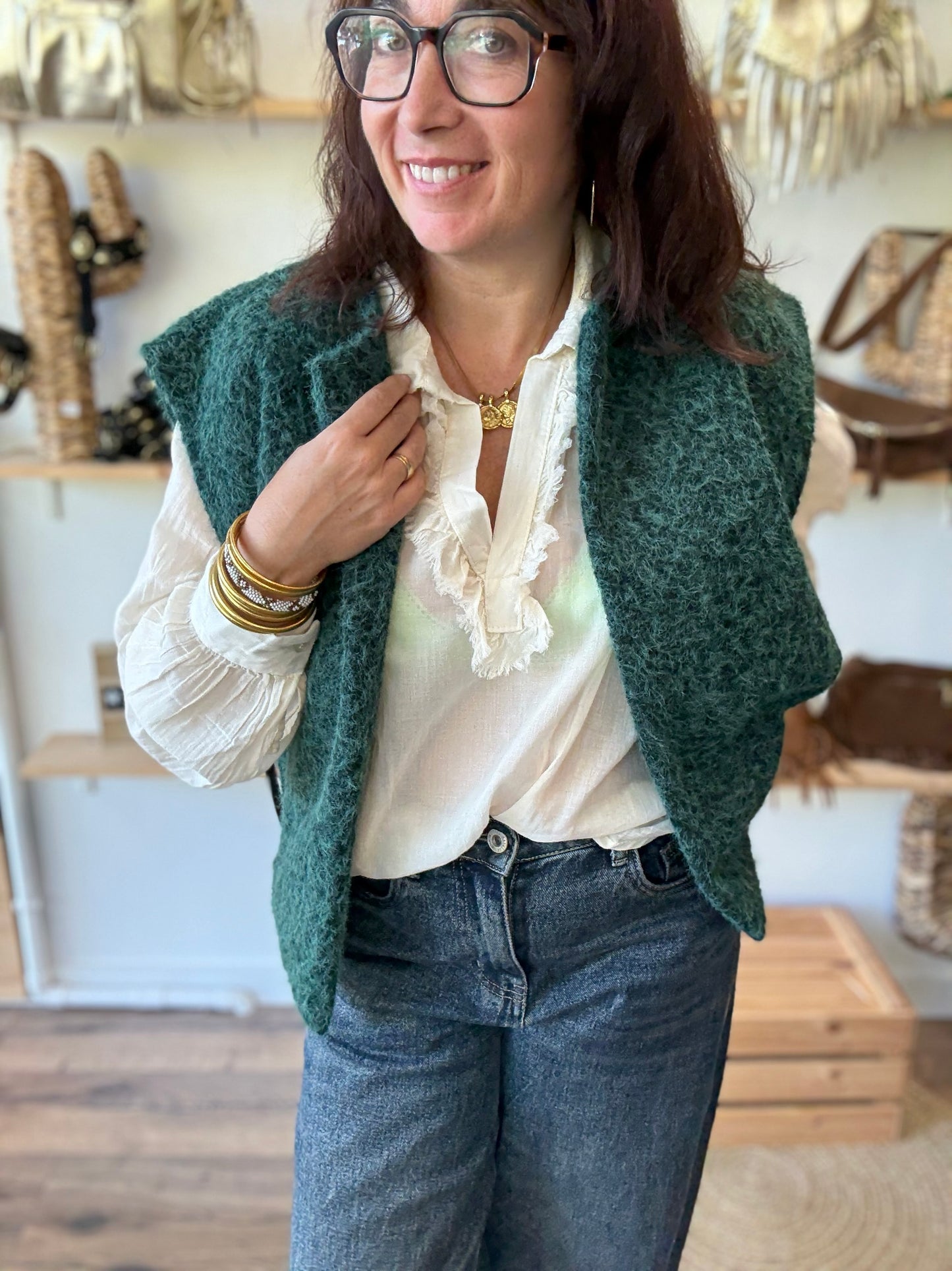 Veste sans manches effet laine bouillie vert sapin