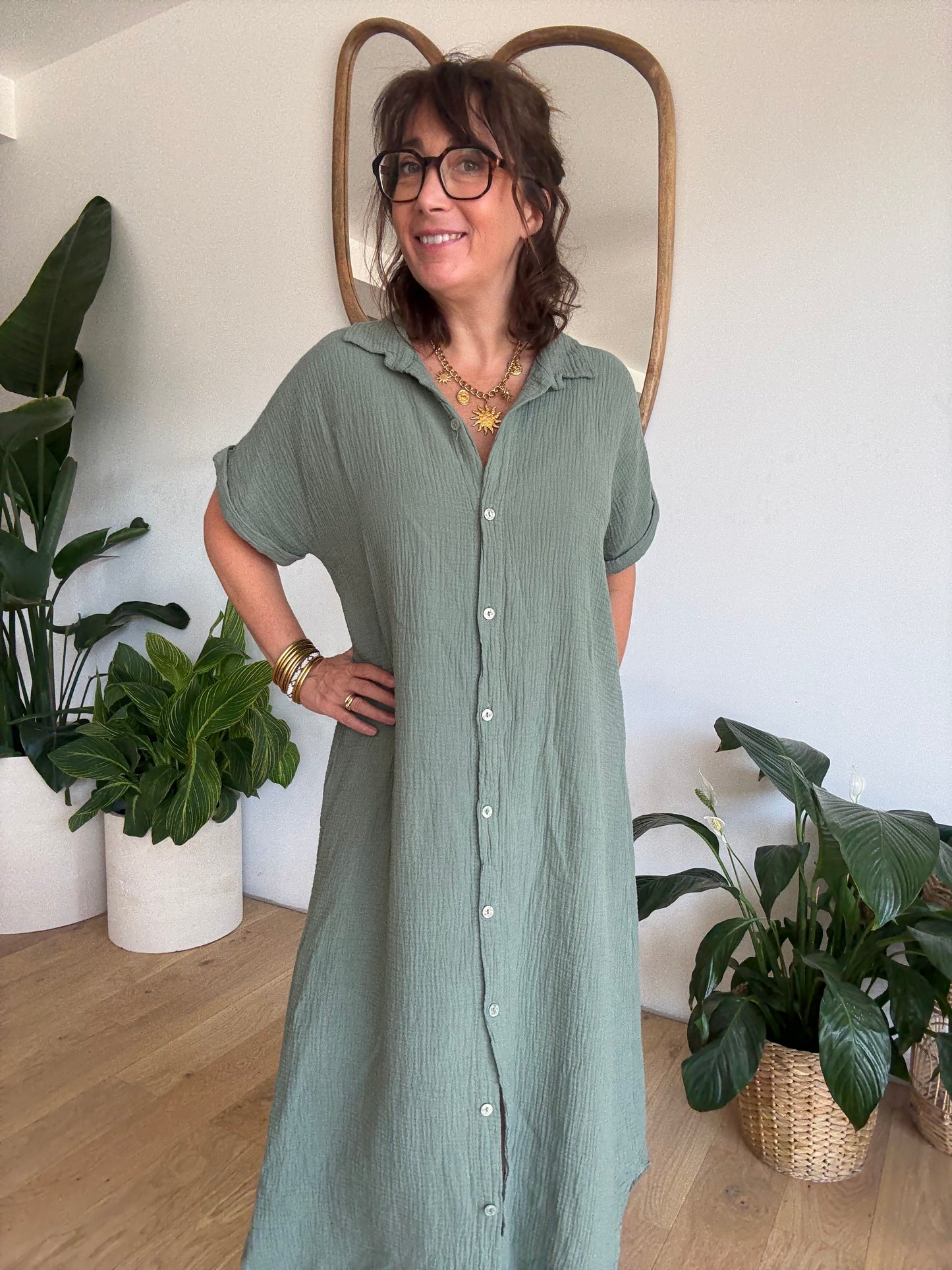 Robe chemise en gaze de coton kaki