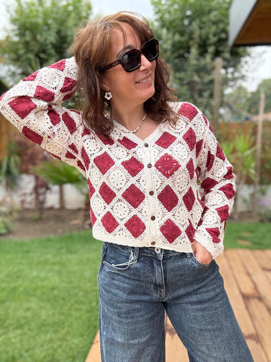 Gilet crochet bordeaux /ecru