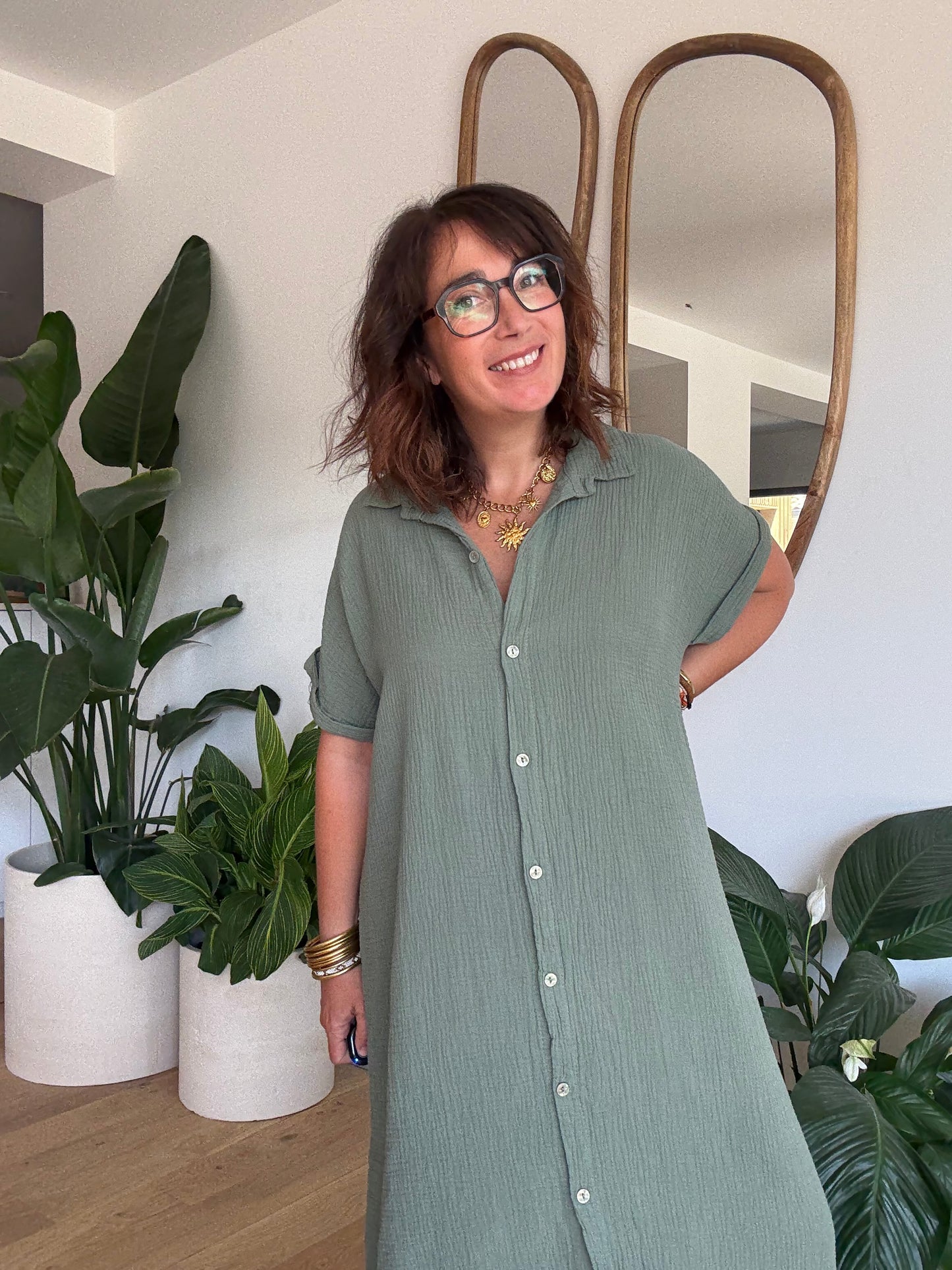 Robe chemise en gaze de coton kaki