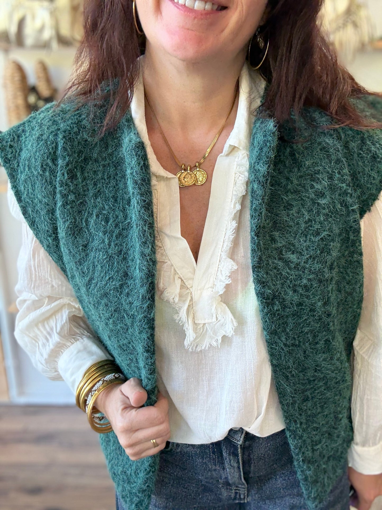 Veste sans manches effet laine bouillie vert sapin