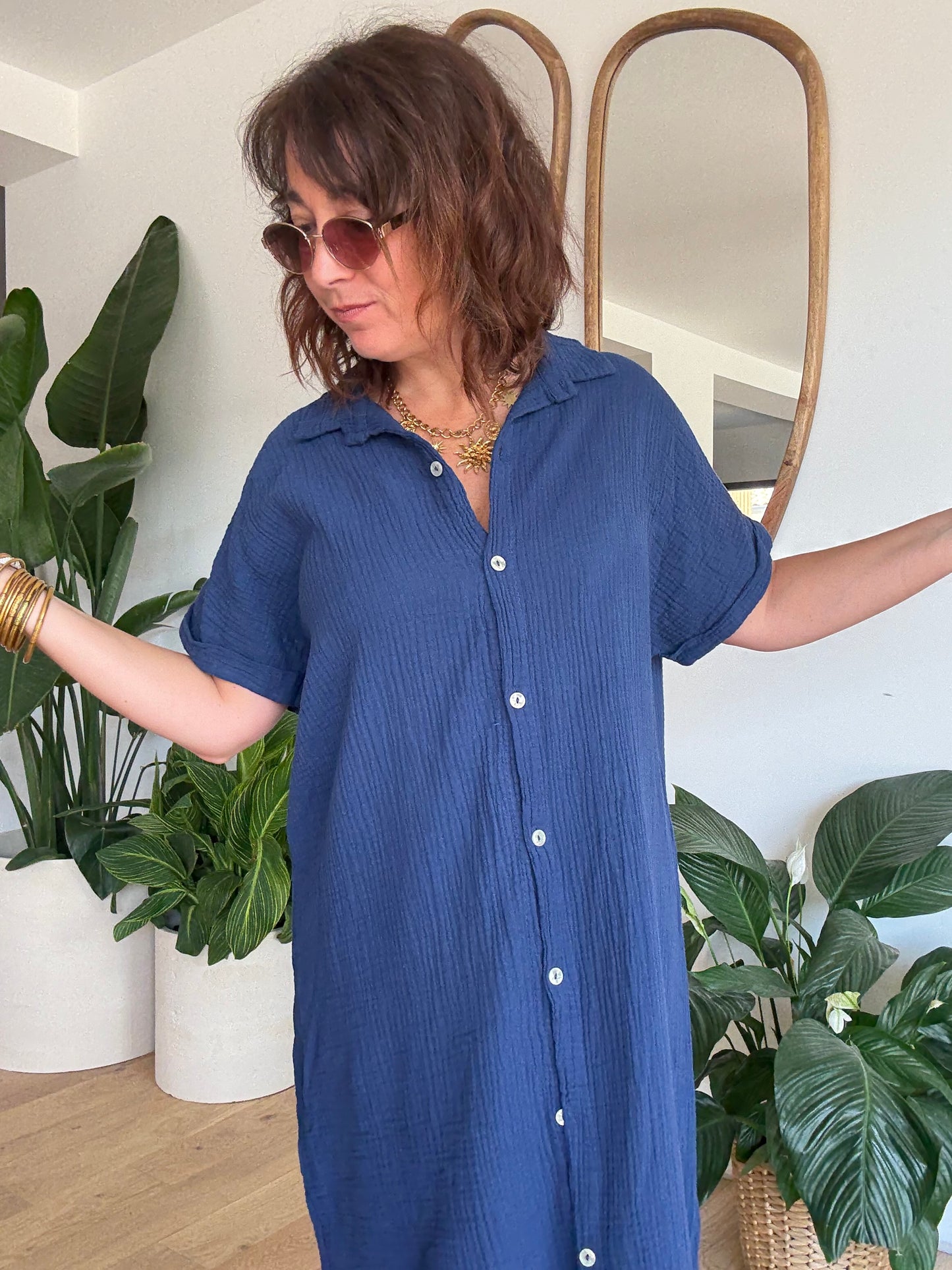 Robe chemise en gaze de coton Marine