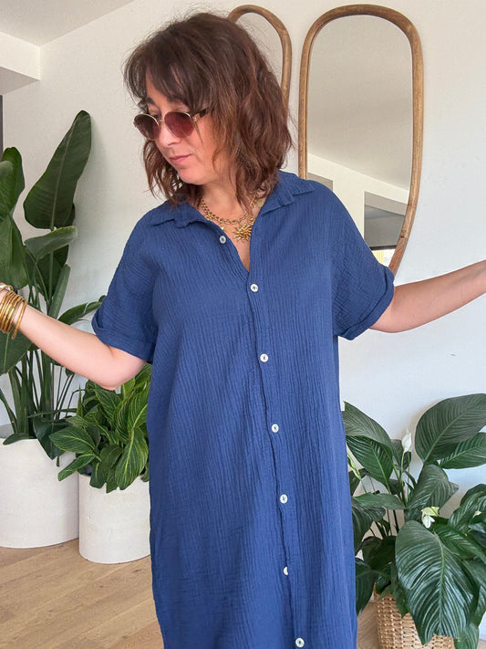 Robe chemise en gaze de coton Marine