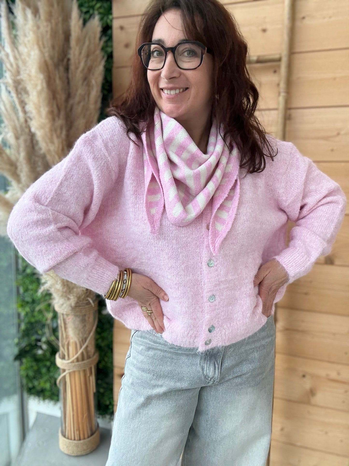 Foulard écharpe triangle Bonny rose et écru