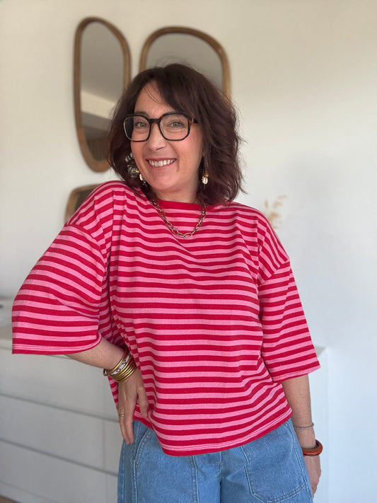 Marinière GINA rose et rouge manches courtes