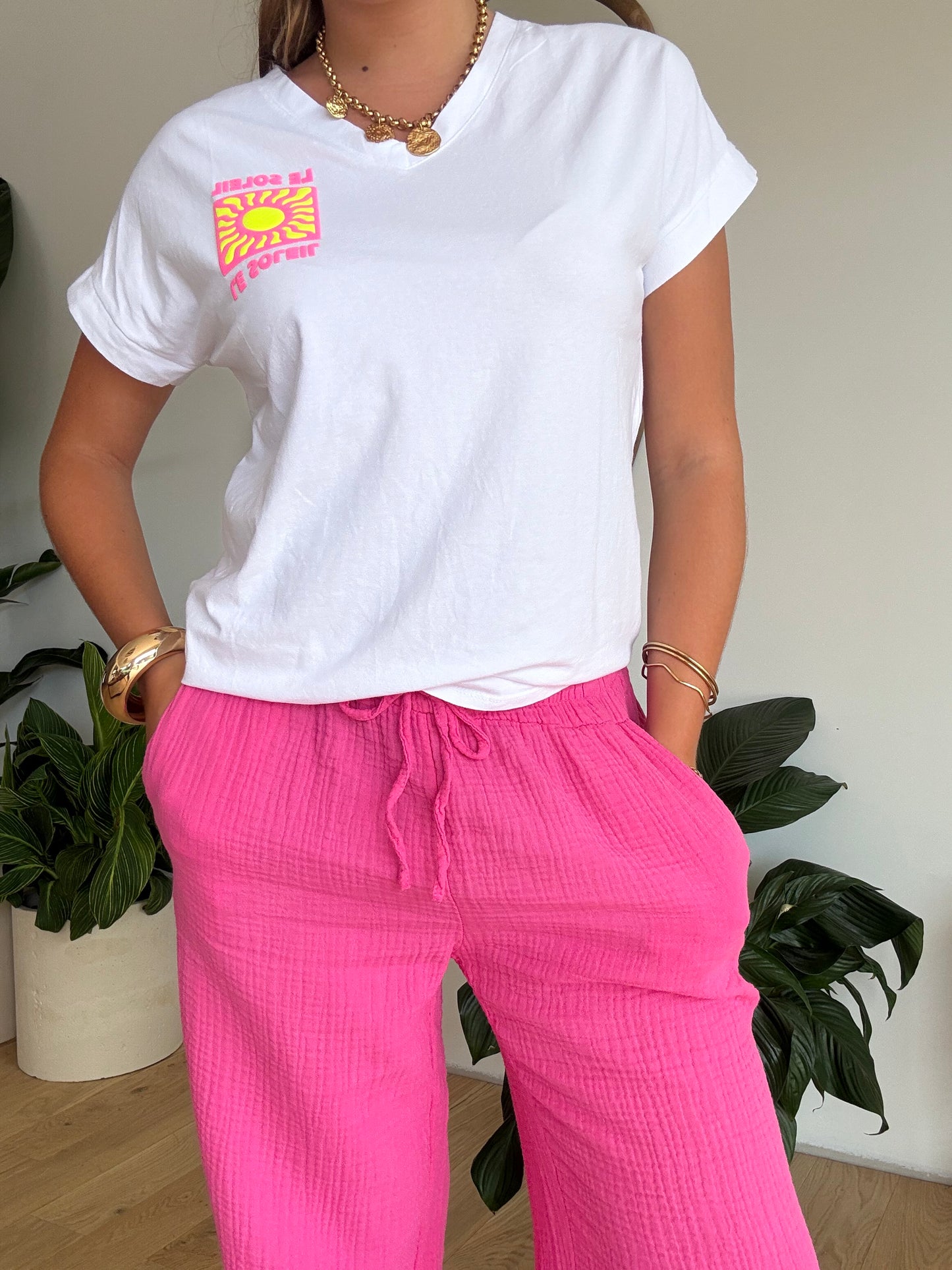 Pantalon palazzo gaze de coton fuchsia 🩷