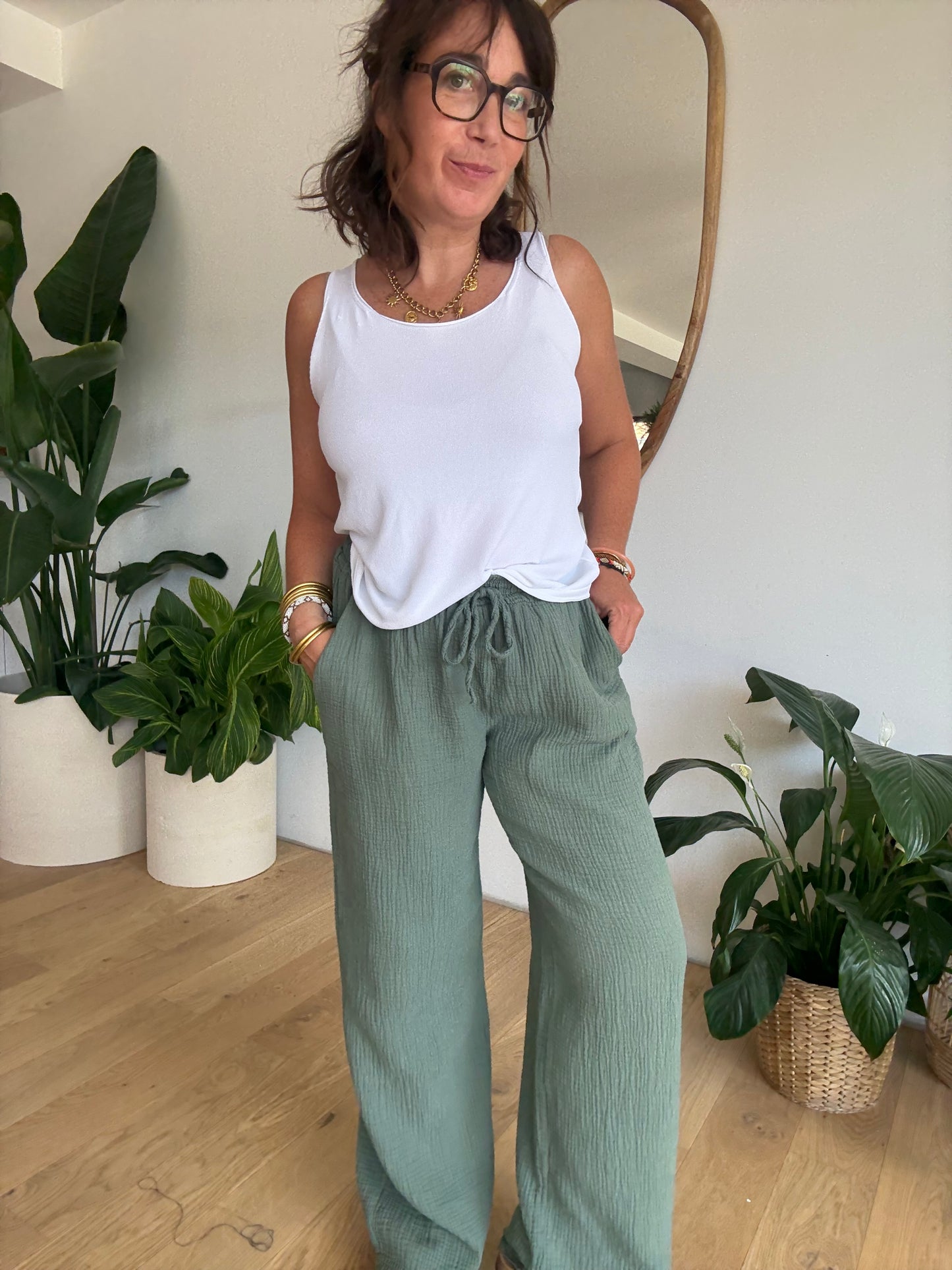 Pantalon palazzo gaze de coton kaki