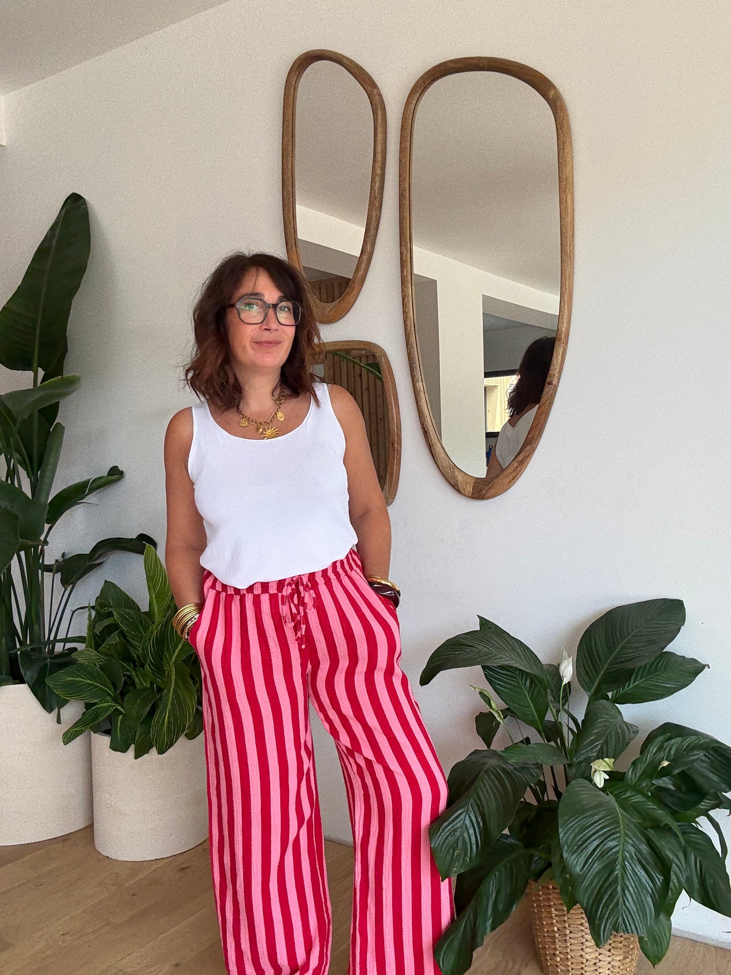 Pantalon rayé en gaze de coton rose &rouge