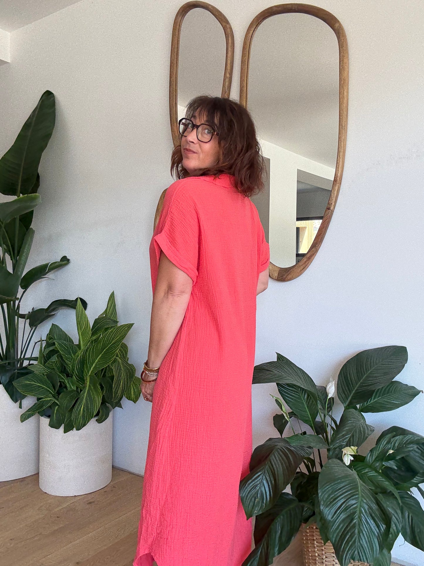 Robe chemise en gaze de coton corail