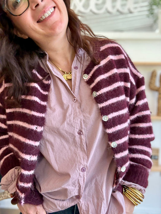 Gilet rayé prune et rose