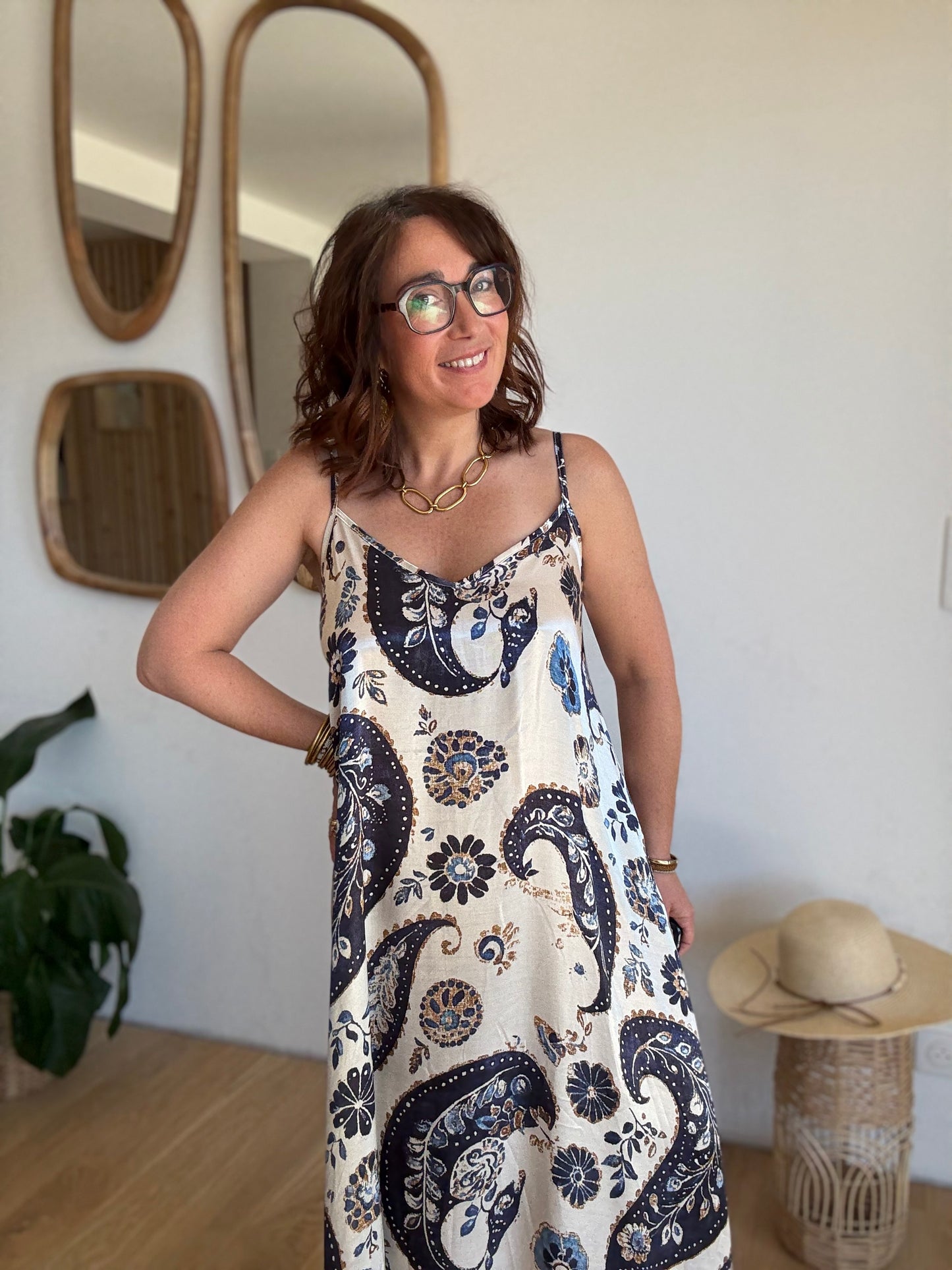 Robe longue marine satinée