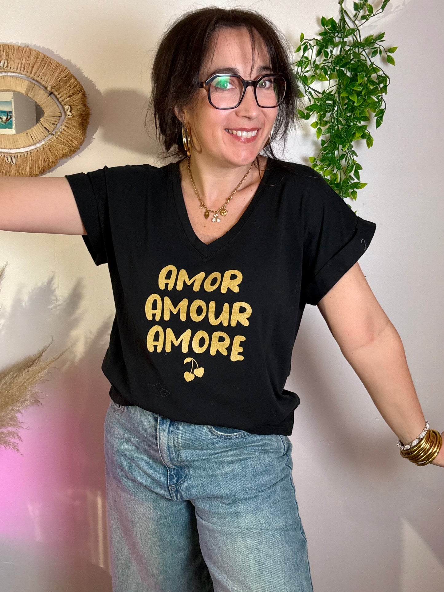 Tee shirt Amor manches courtes noir et doré