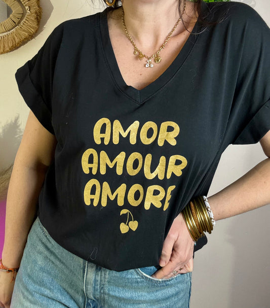 Tee shirt Amor manches courtes noir et doré