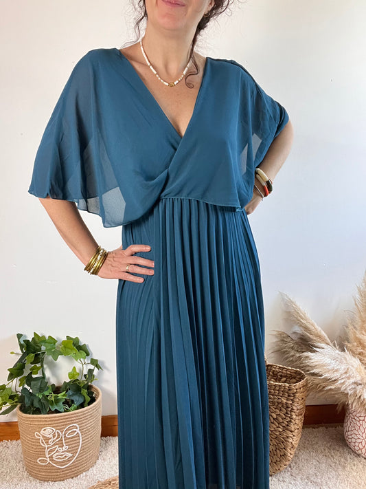 Robe longue manches courtes bleu canard dos nu