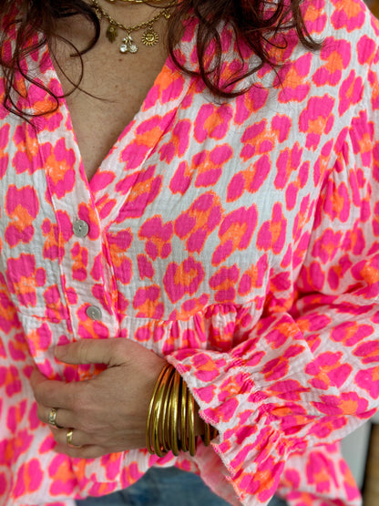 Blouse Leo Rose et orange Fluo