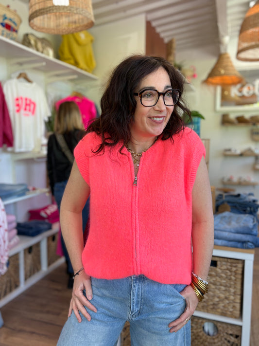 Gilet zippé sans manches corail fluo