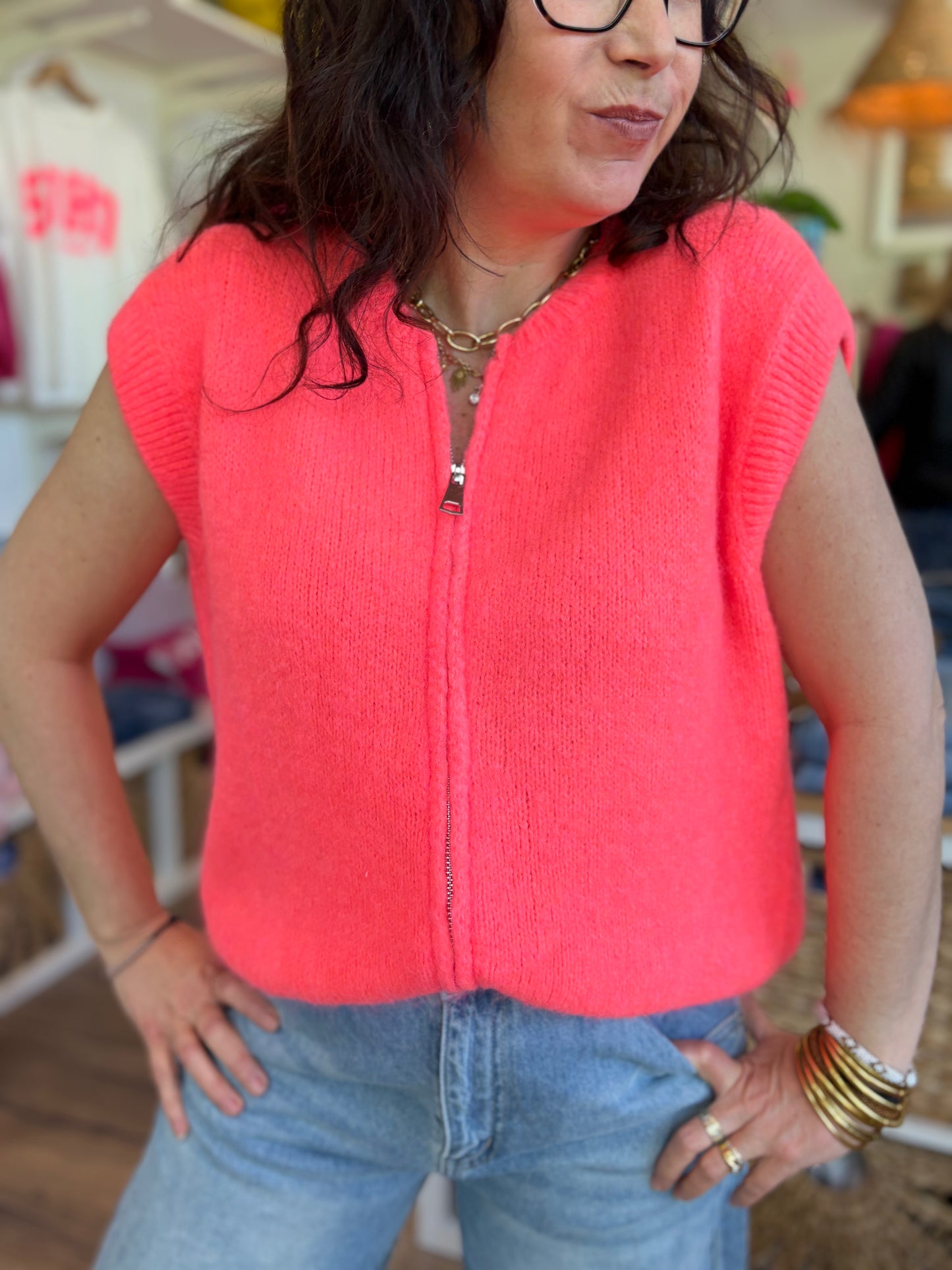 Gilet zippé sans manches corail fluo