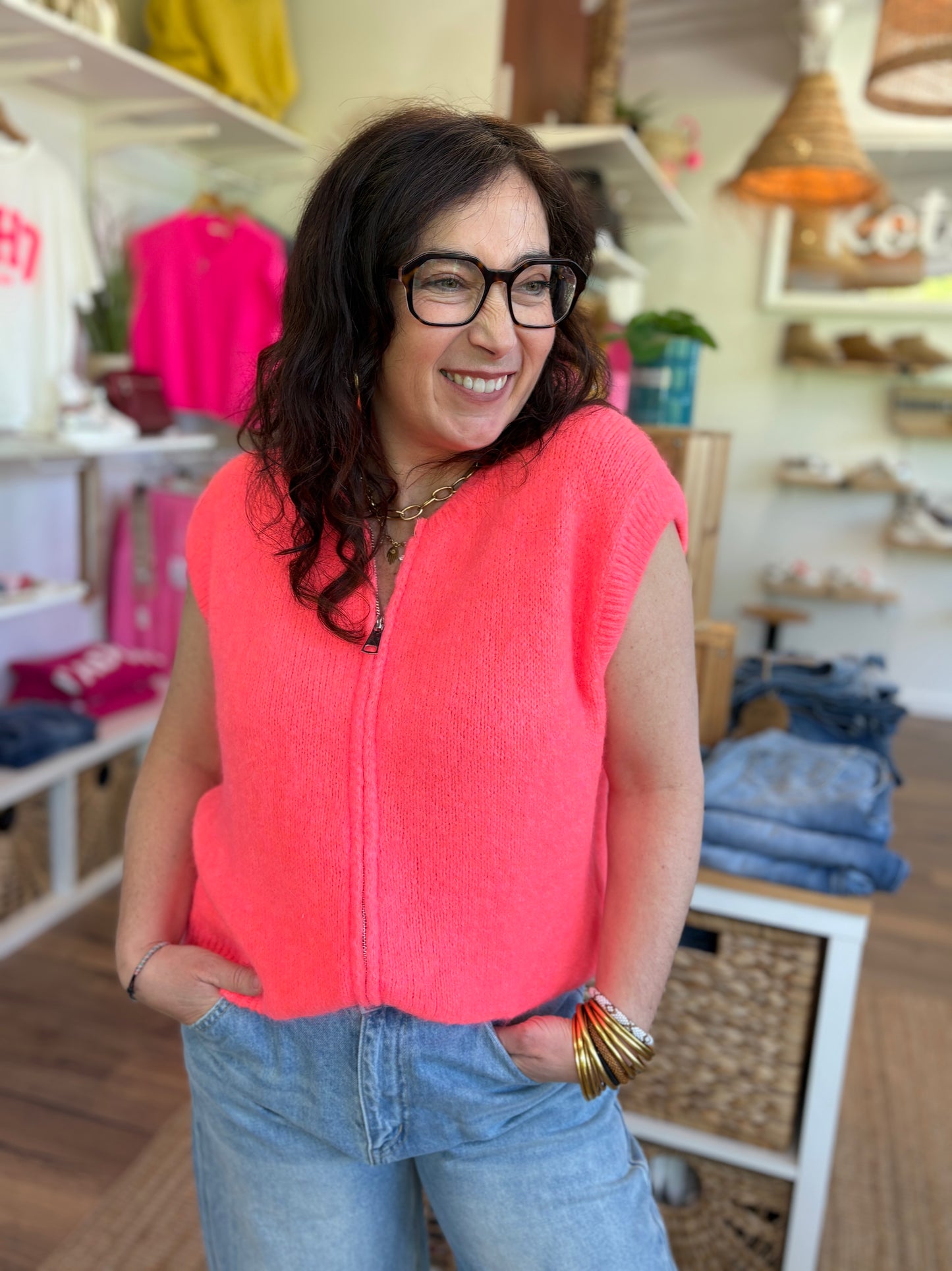 Gilet zippé sans manches corail fluo