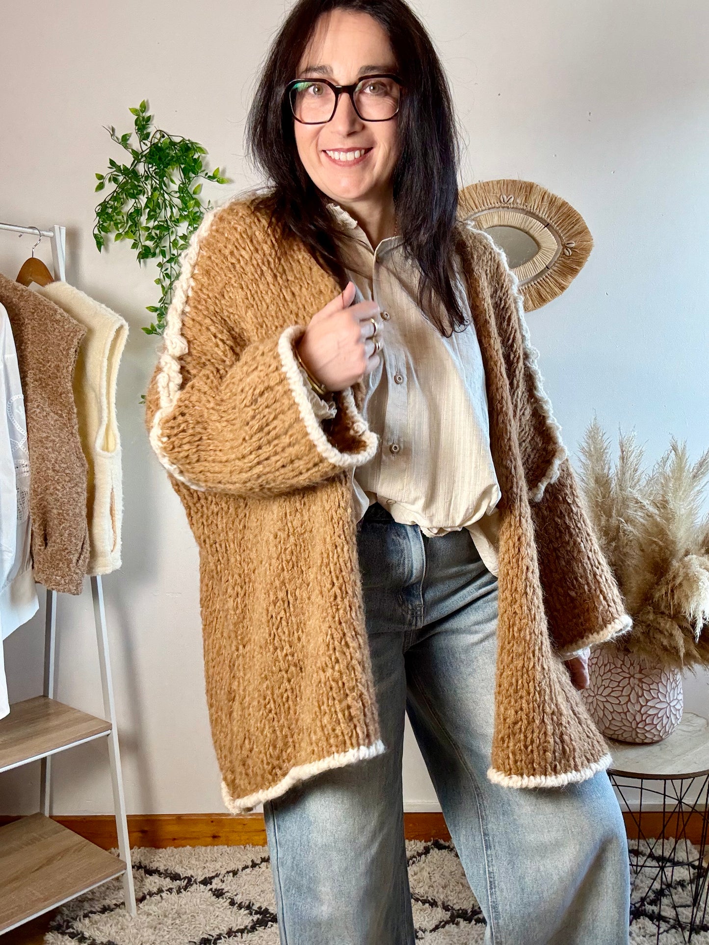 Gilet long grosse maille camel