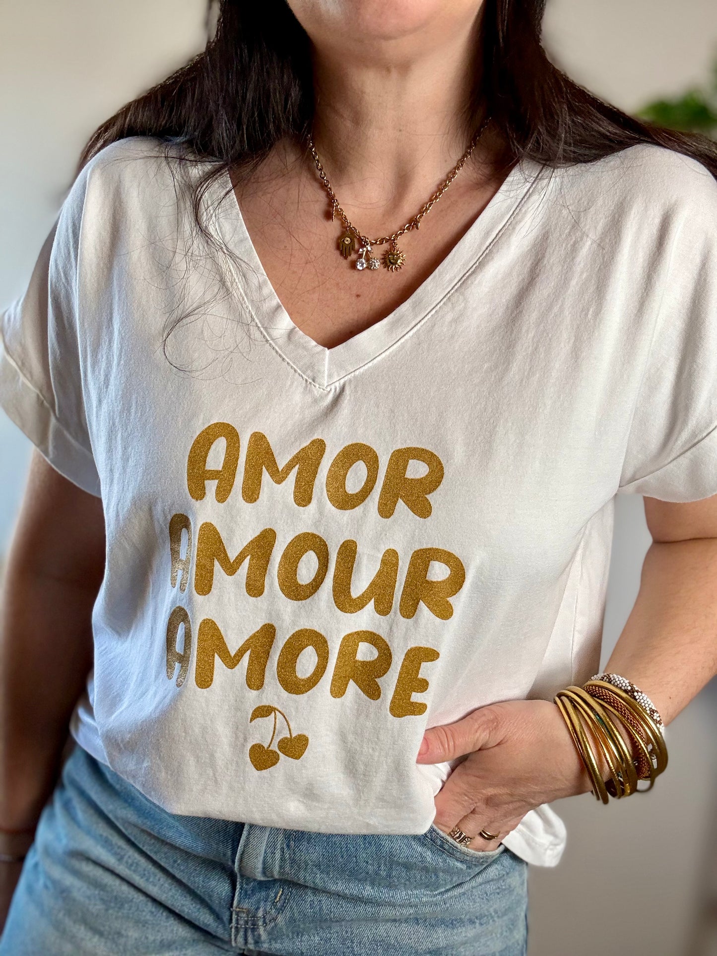 Tee shirt Amor Amour Amore blanc doré