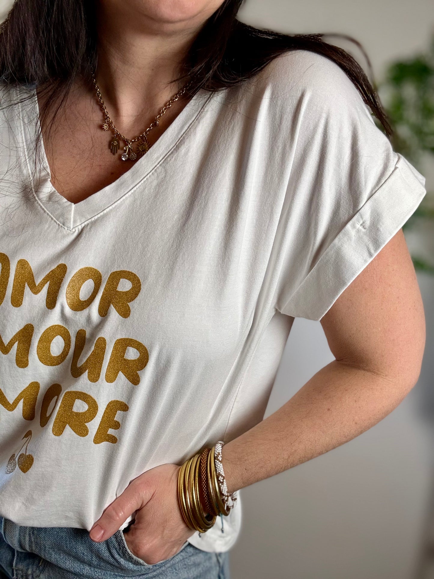 Tee shirt Amor Amour Amore blanc doré