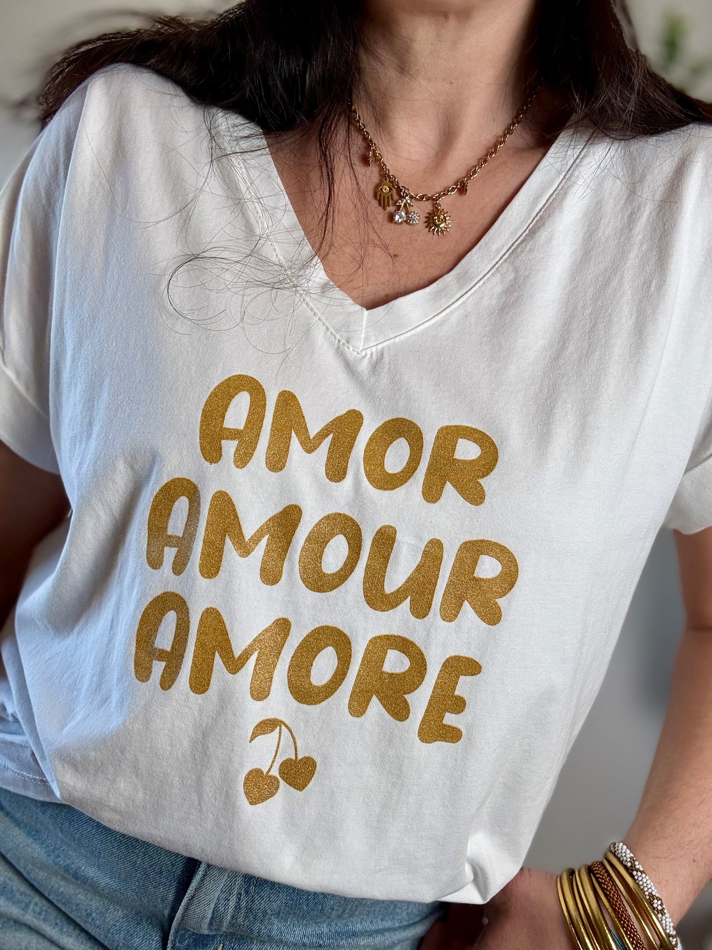 Tee shirt Amor Amour Amore blanc doré