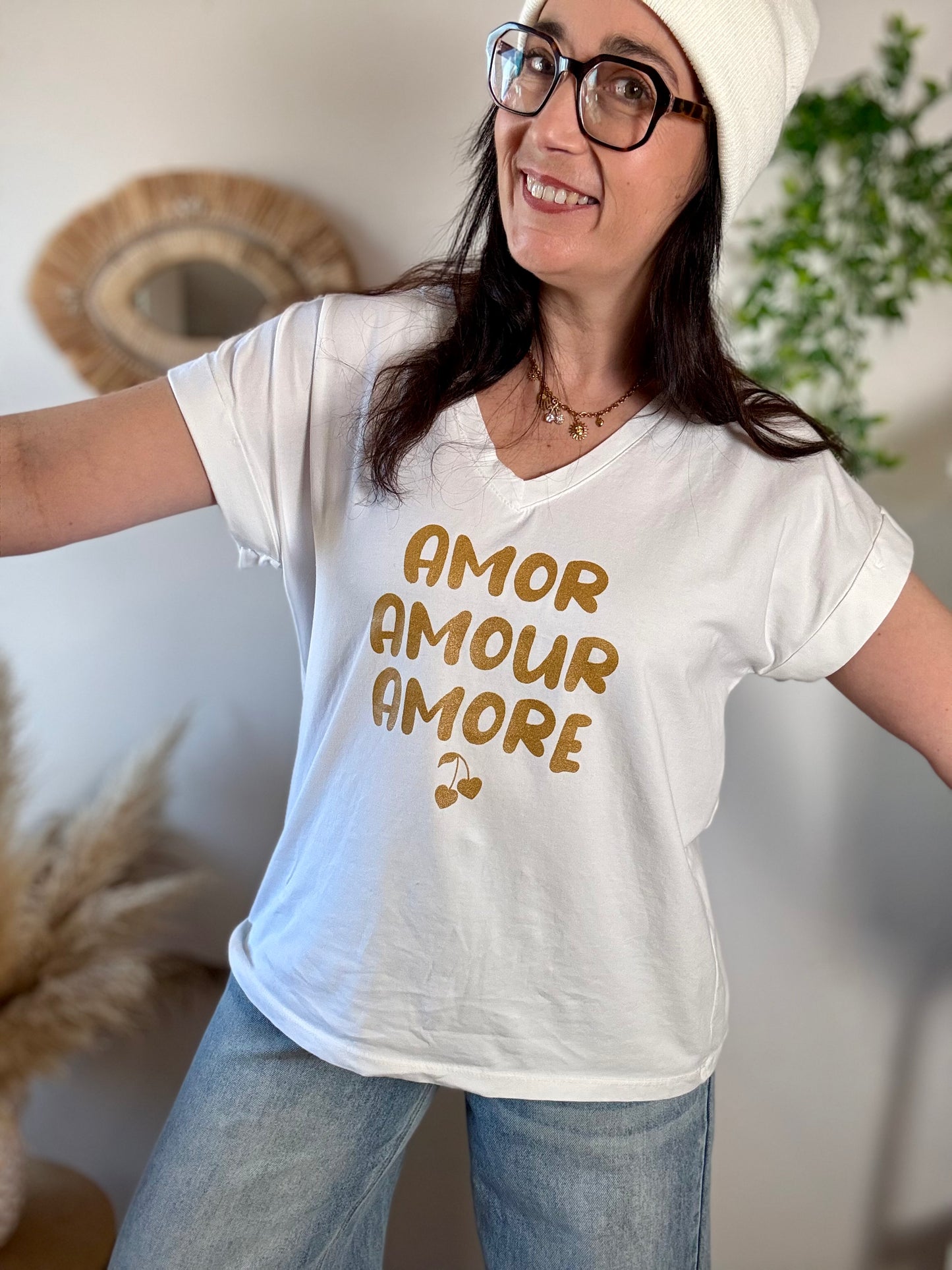 Tee shirt Amor Amour Amore blanc doré