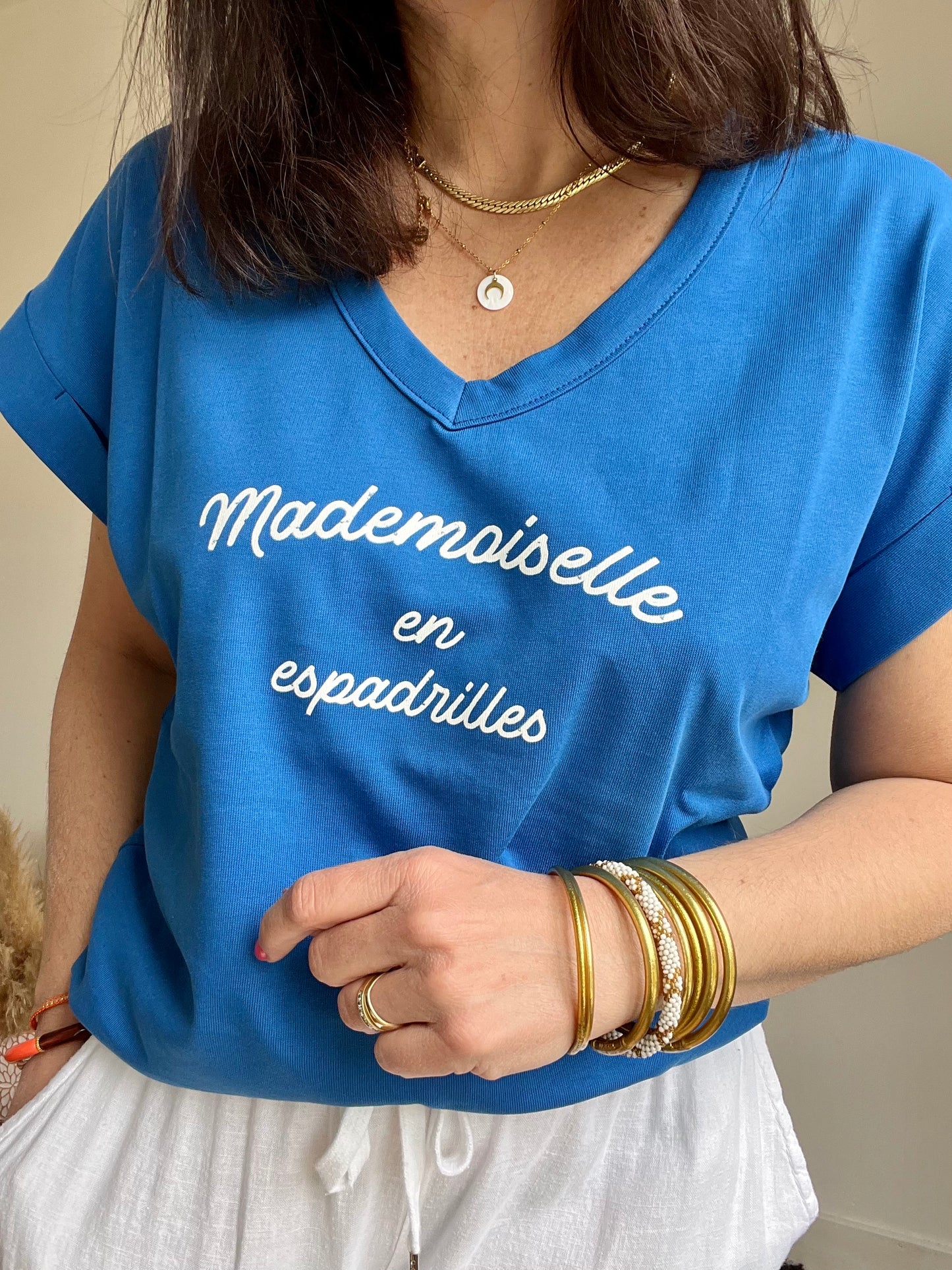 Tee Shirt MADEMOISELLE EN ESPADRILLES  BLEU ROI