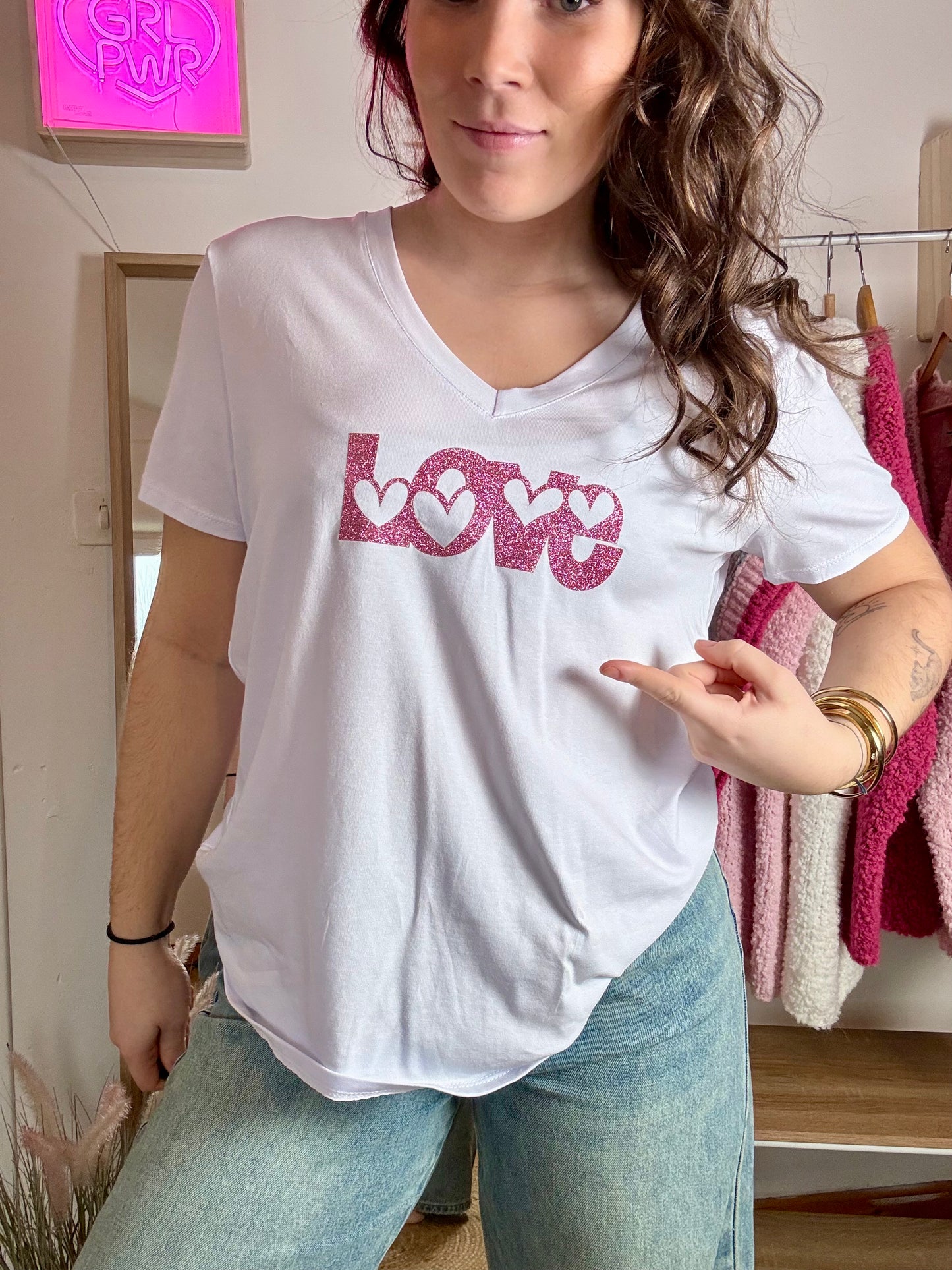 tee shirt Love rose pailleté