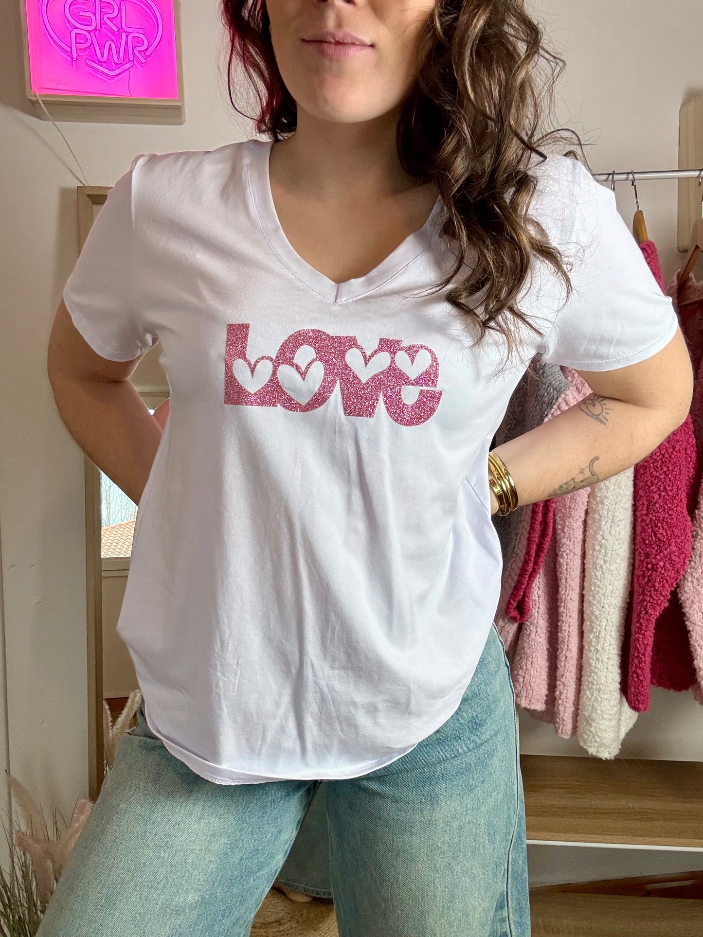 tee shirt Love rose pailleté