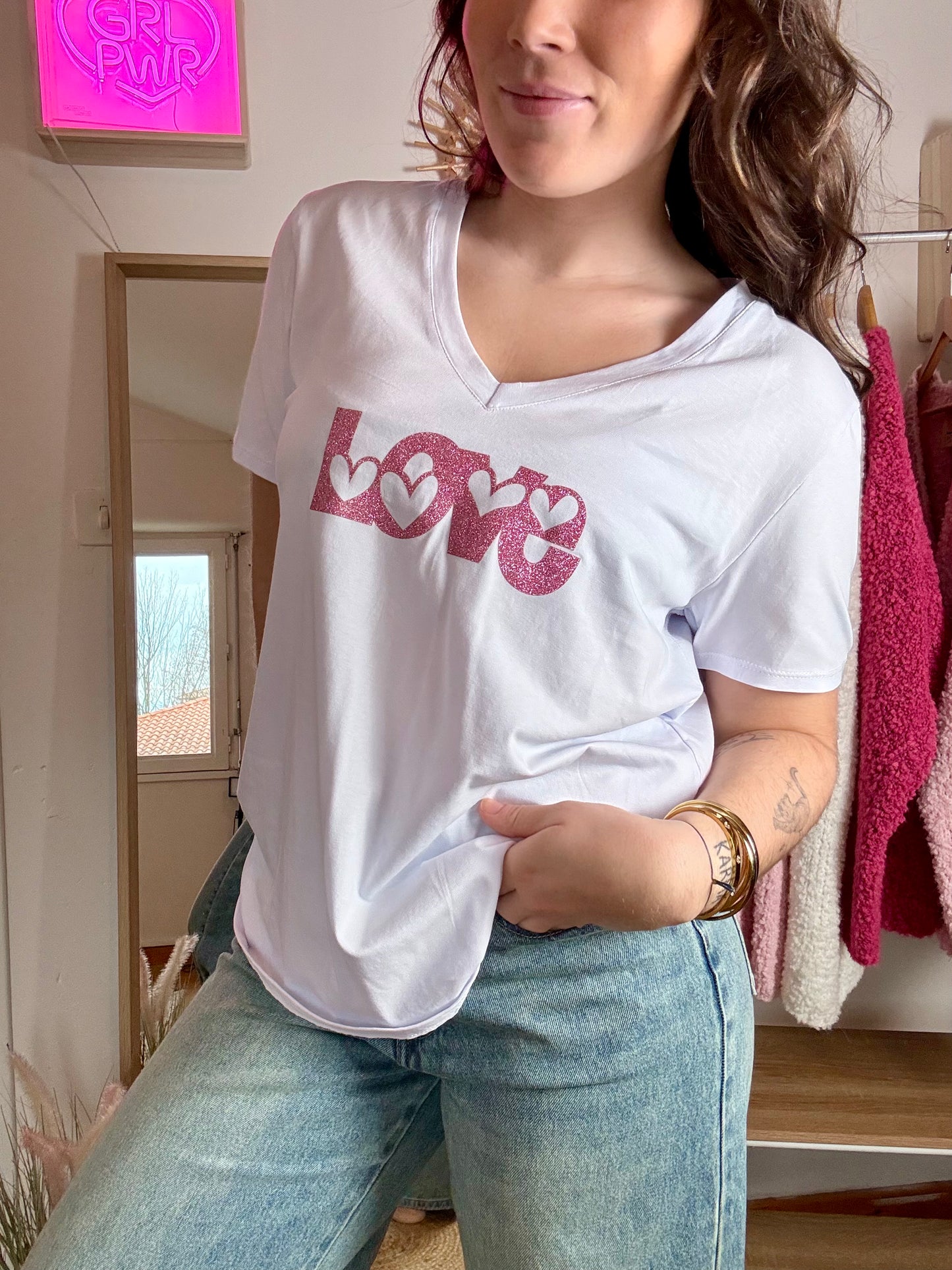 tee shirt Love rose pailleté